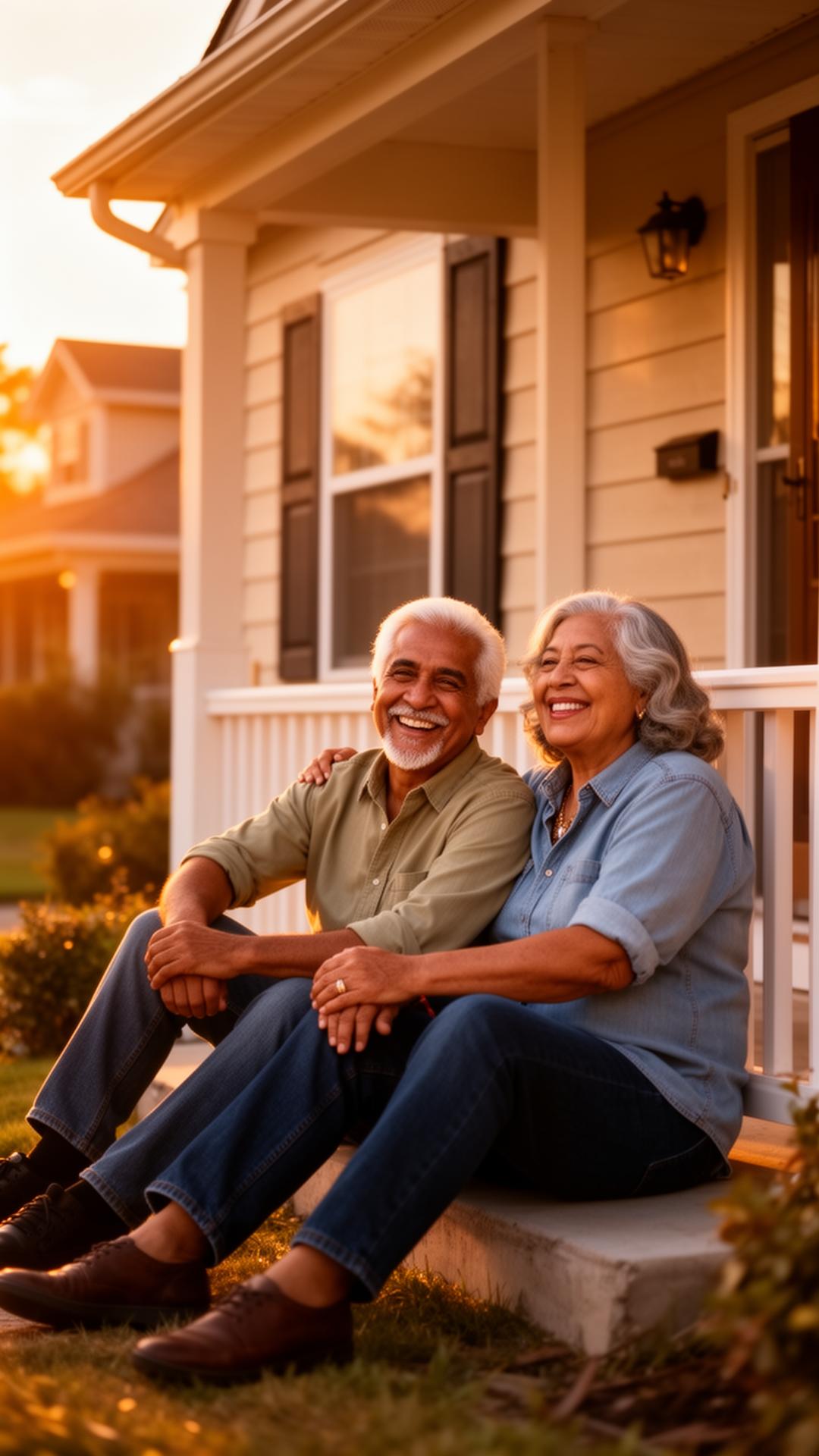 Pareja latina sonriendo en el porche de su casa al atardecer