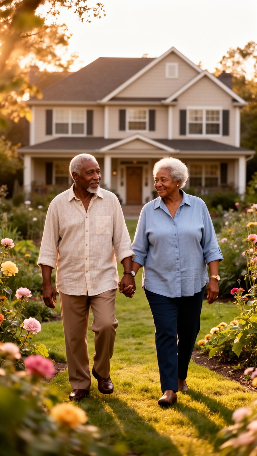 Pareja afroamericana caminando de la mano frente a su casa