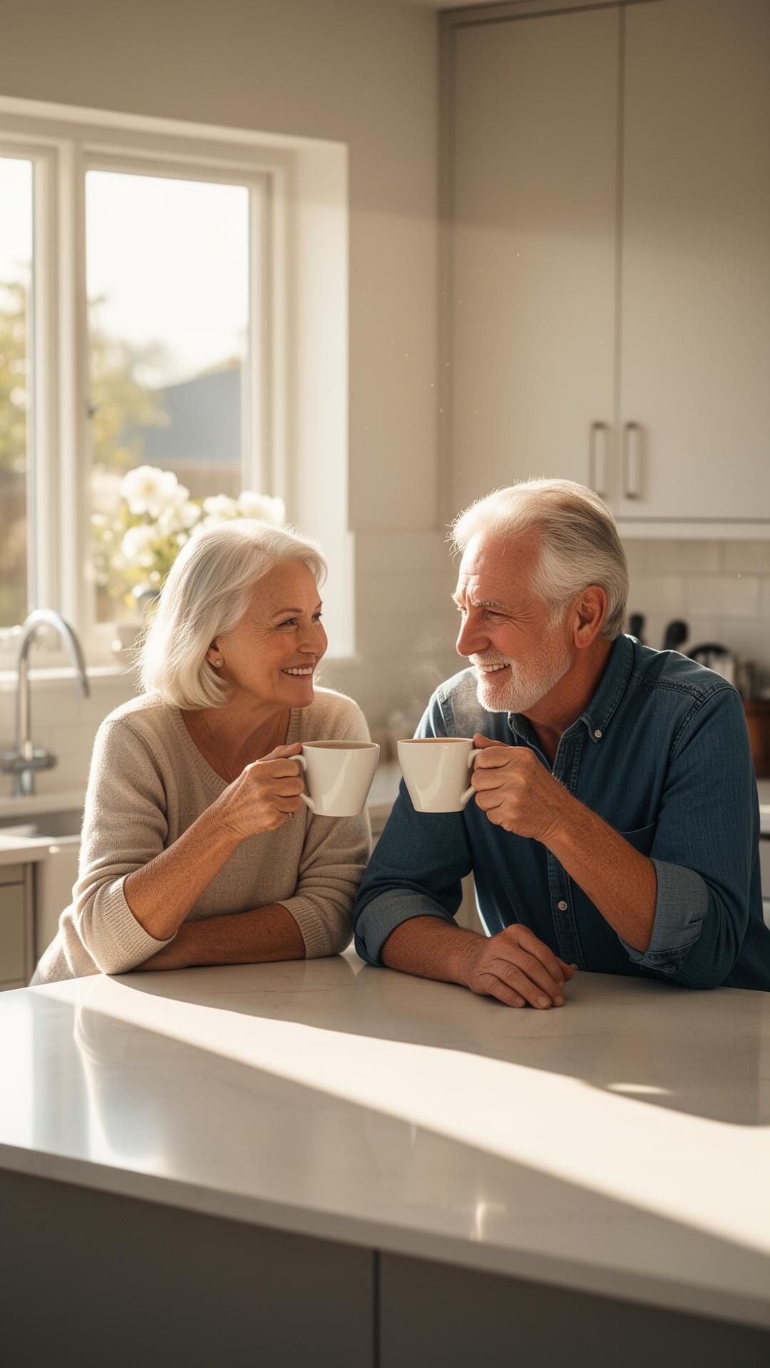 Pareja disfrutando café en la cocina de su hogar