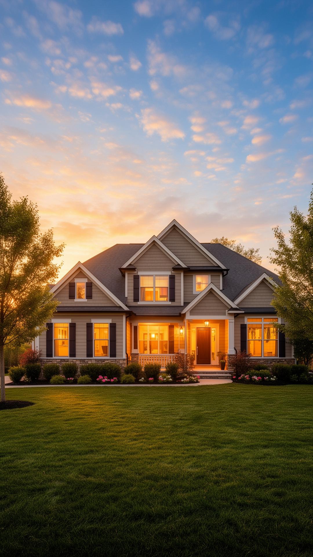 Hogar familiar al atardecer con luces cálidas encendidas