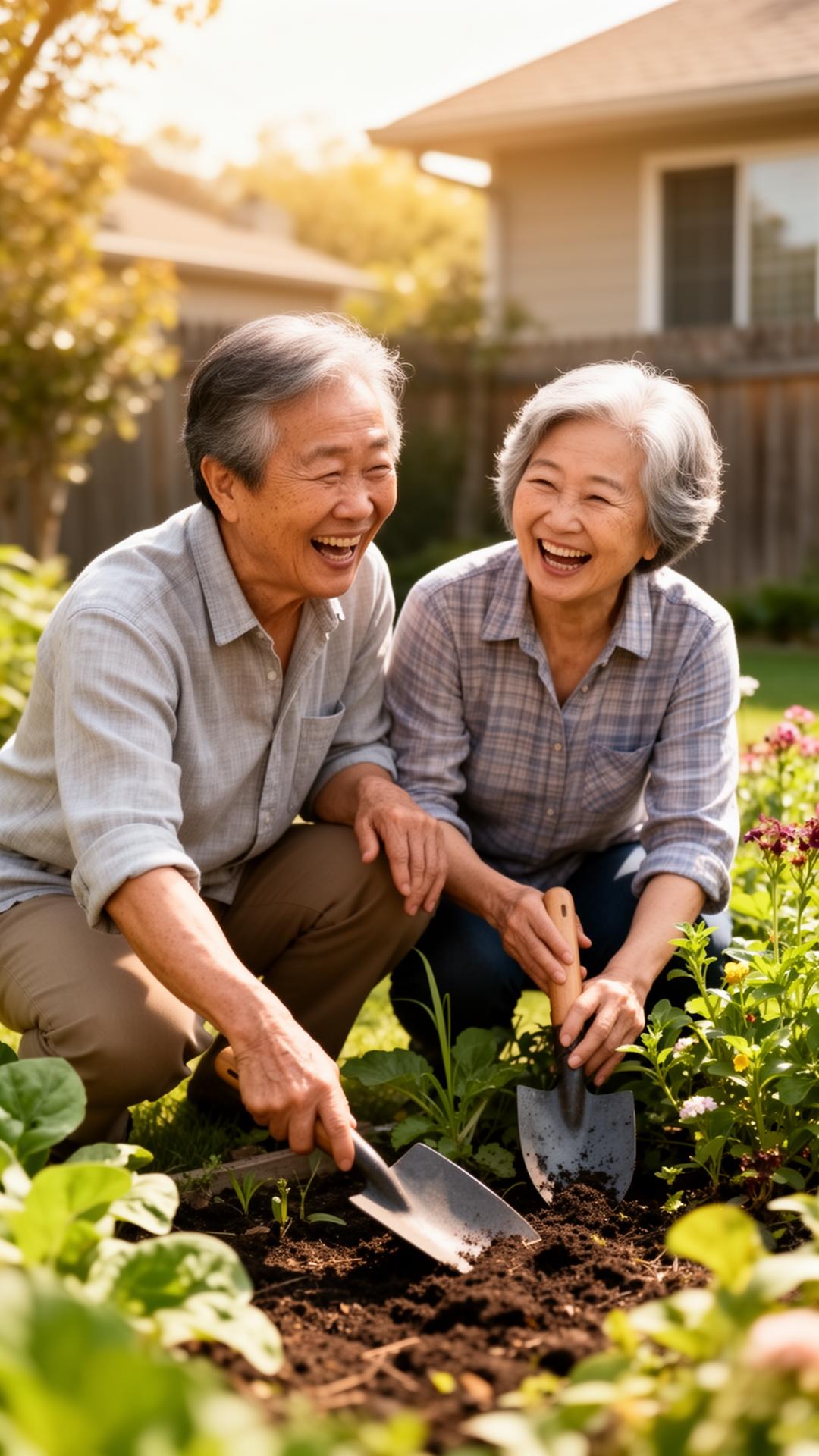 Pareja asiática riendo mientras cuidan su jardín