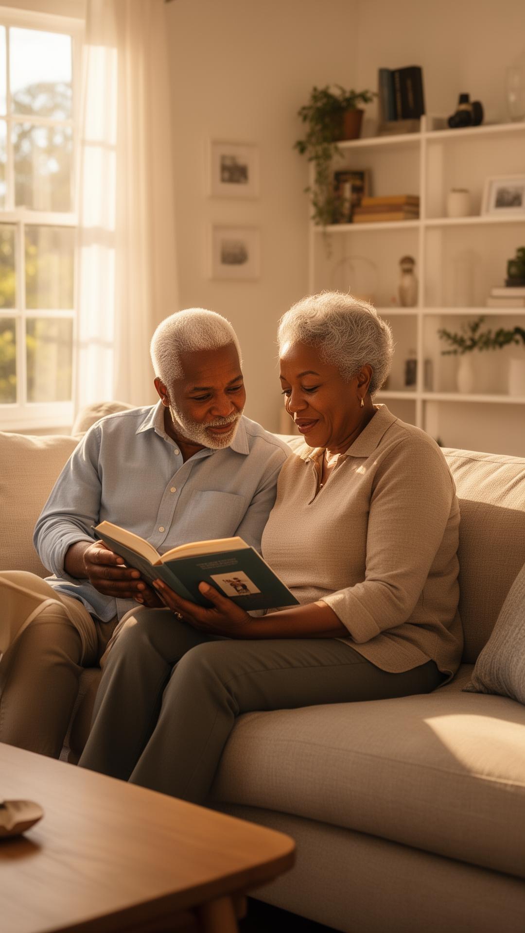 Pareja leyendo juntos en el sofá de su hogar
